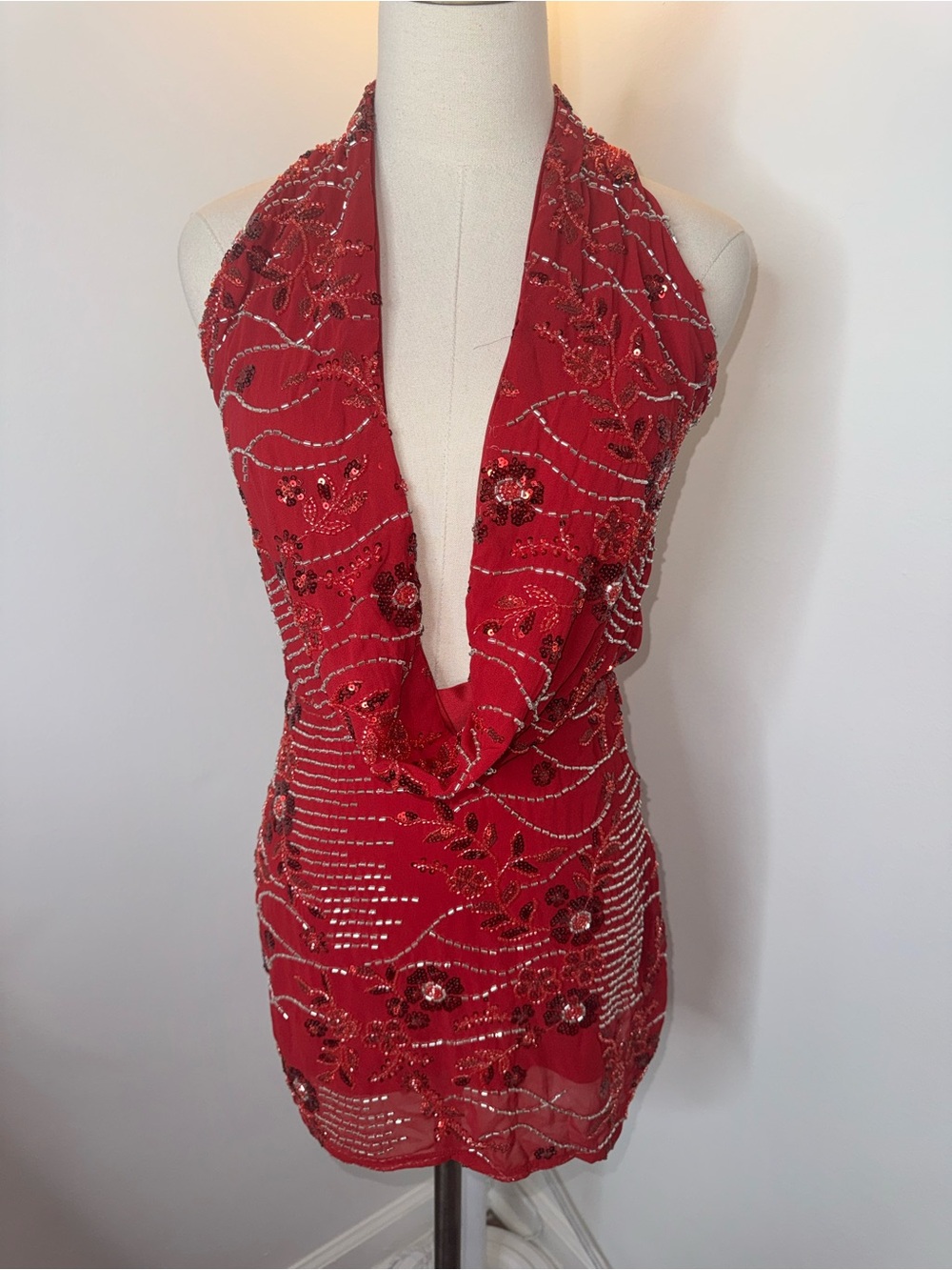 Peppermayo Women’s 2 Olisa Red Beaded Cowl Neck Mini Dress